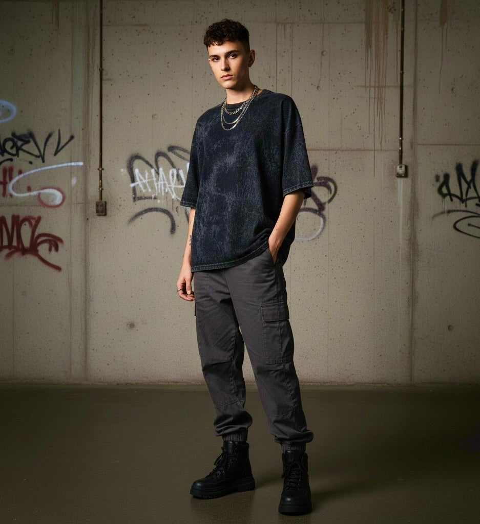 Drift Men’s Oversized T-Shirt – Black Acid Wash, Vintage Streetwear Style