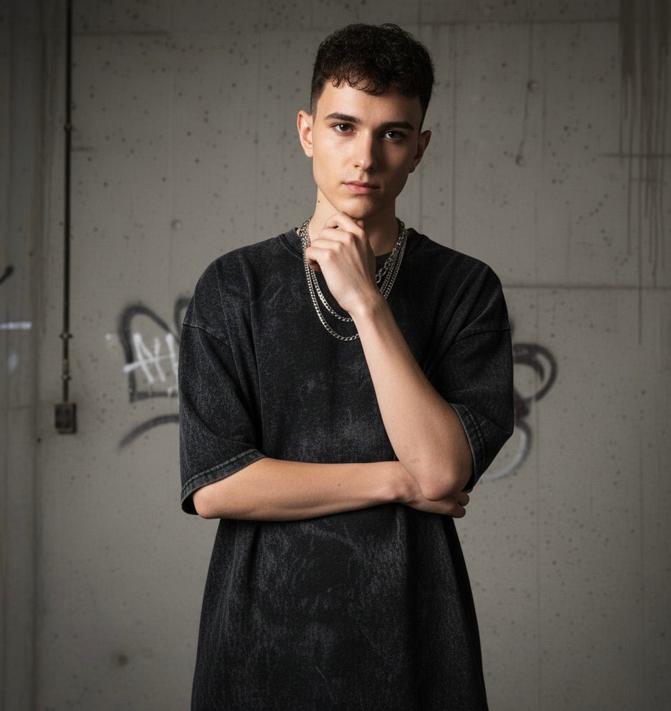 Drift Men’s Oversized T-Shirt – Black Acid Wash, Vintage Streetwear Style
