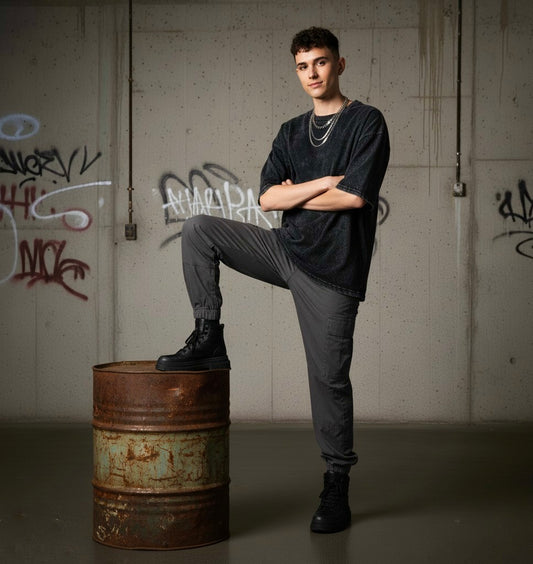 Drift Men’s Oversized T-Shirt – Black Acid Wash, Vintage Streetwear Style