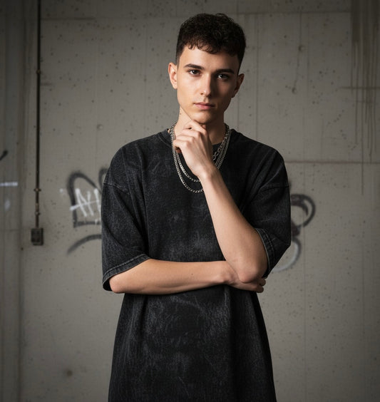 Drift Men’s Oversized T-Shirt – Black Acid Wash, Vintage Streetwear Style