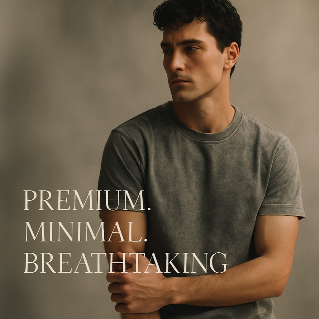 Editorial fashion poster with men model wearing premium acid wash T-shirt, blurred edges, moody neutral tones, luxury brand vibe, minimal text: “Premium. Minimal. Breathtaking."